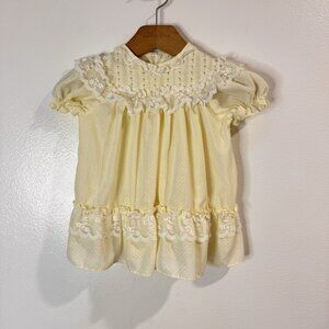 Vintage 60s Polly Flinders Dress 18 Months Yellow White Lace Polka Dot Floral